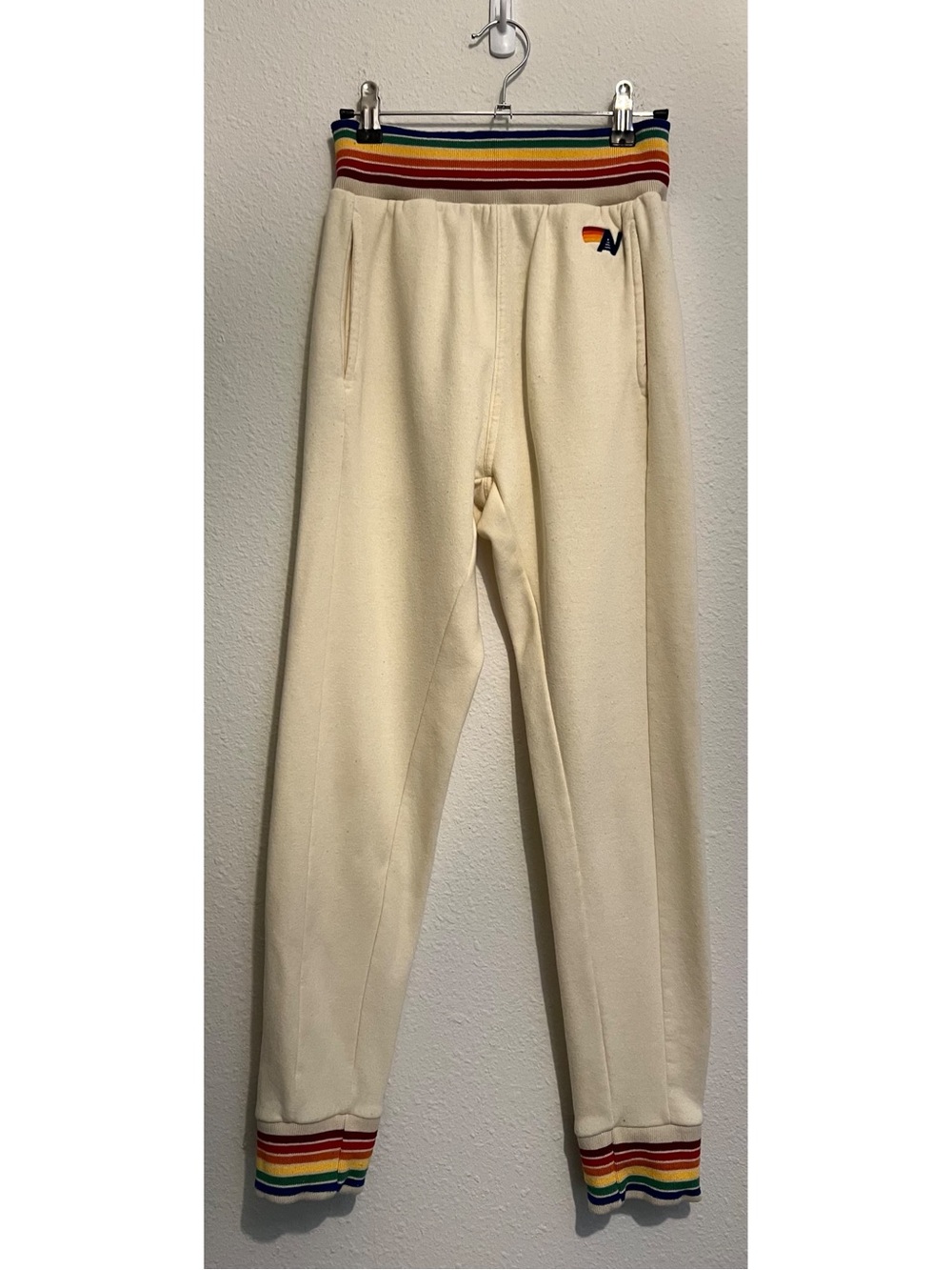 #1760 Aviator Nation Rainbow Rib Pocket Sweatpants Vintage Cream - Picture 2 of 4